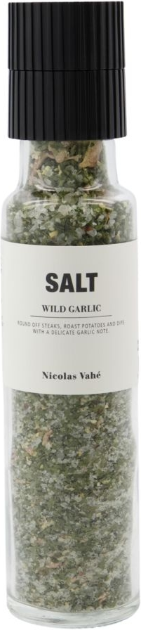Saltblanding med keramisk kværn  -  Nicolas Vahé Salt Wild Garlic urtesalt i elegant glas