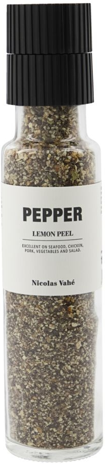 Peberkværn Nicolas Vahé Pepper Lemon Peel  -  sort citronpeber krydderi, glas Ø5Ã23 cm
