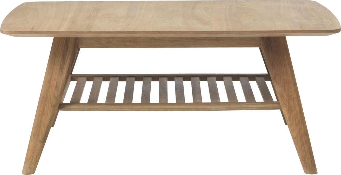 Sofabord Nordique Design Rho  -  Lænestuebord i natur H45 x B110 x D70 cm, MDF med egetræsfiner, massiv eg, hylde med lameller