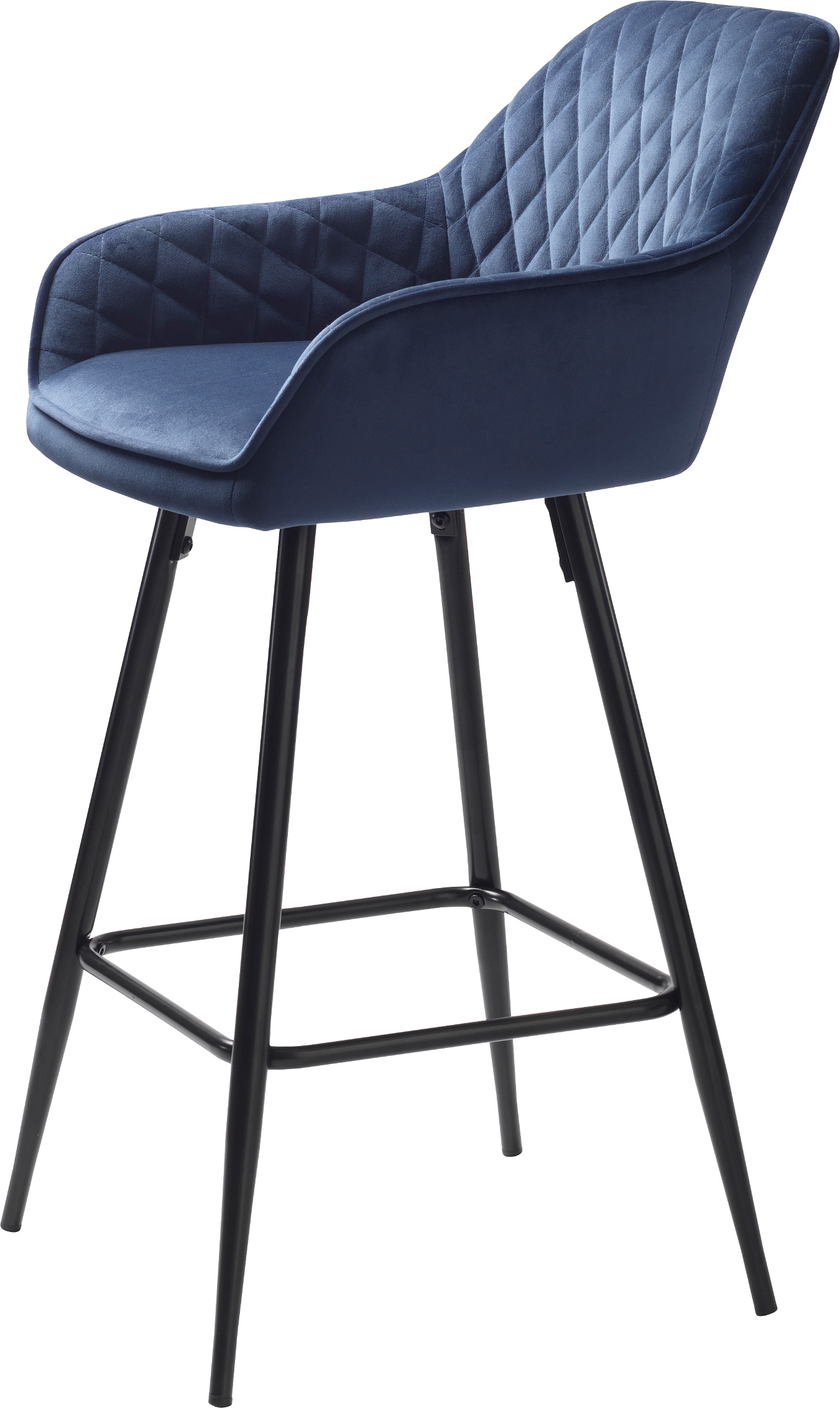 Barstol Nordique Design Milton  -  Skandinavisk blå fløjl, høje armlæn & sorte metalben