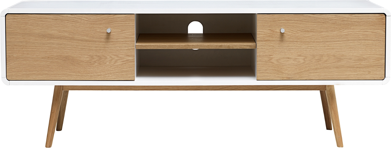 TV-bord Nordique Design Turin  -  hvid MDF & massiv egetræ, 2 låger & åbne hylder, 150Ã42Ã55 cm