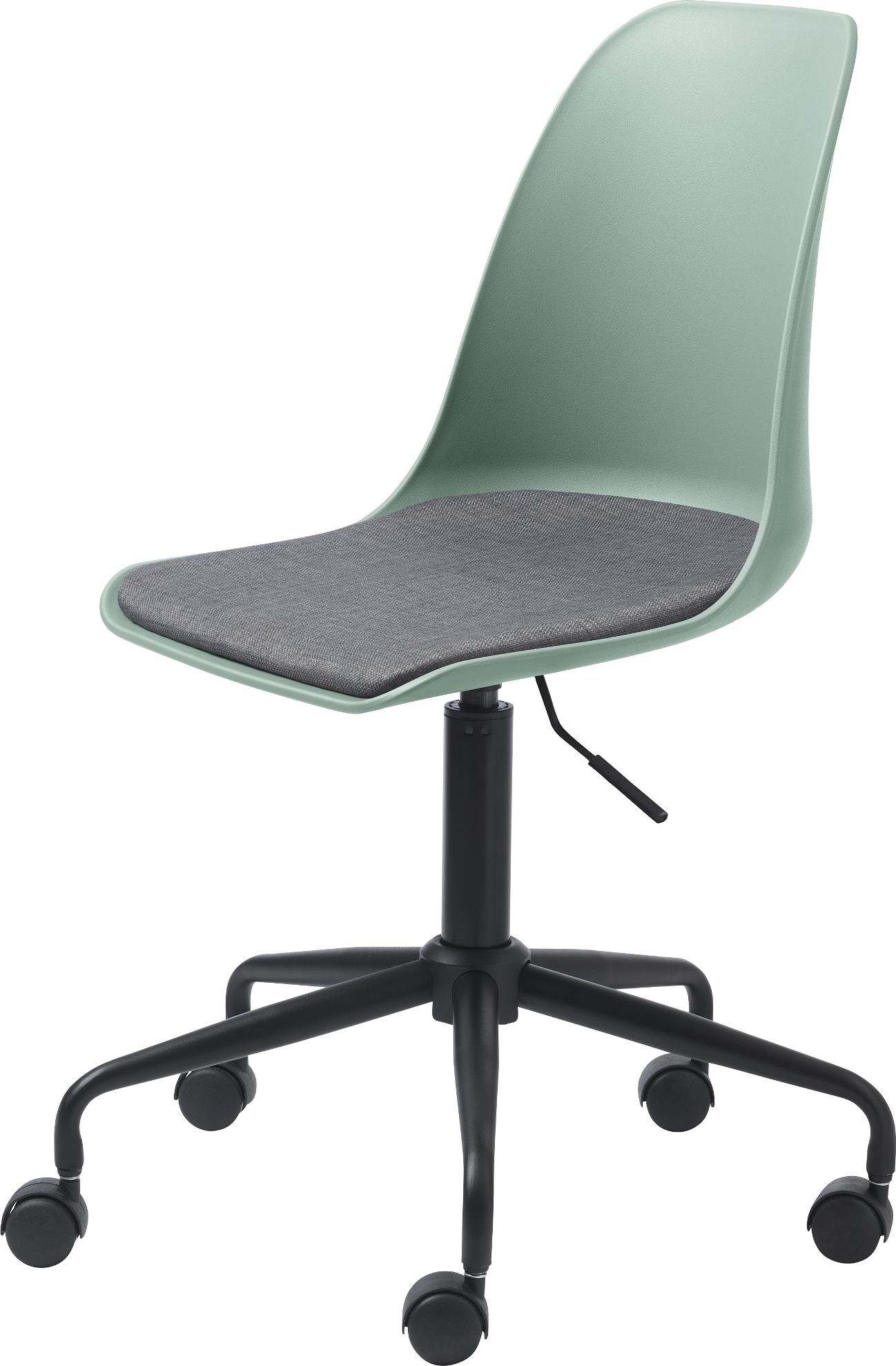 Kontorstol Nordique Design Whistler  -  moderne ergonomisk arbejdskontorstol i støvet grøn med stofpolstring og hjul, H95ÃB44 cm