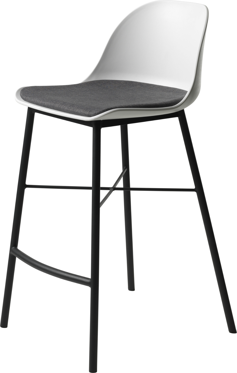 Barstol Nordique Design Whistler  -  polstret barstol i hvid plast & grå Rio-stof, sort metalben 93Ã48 cm