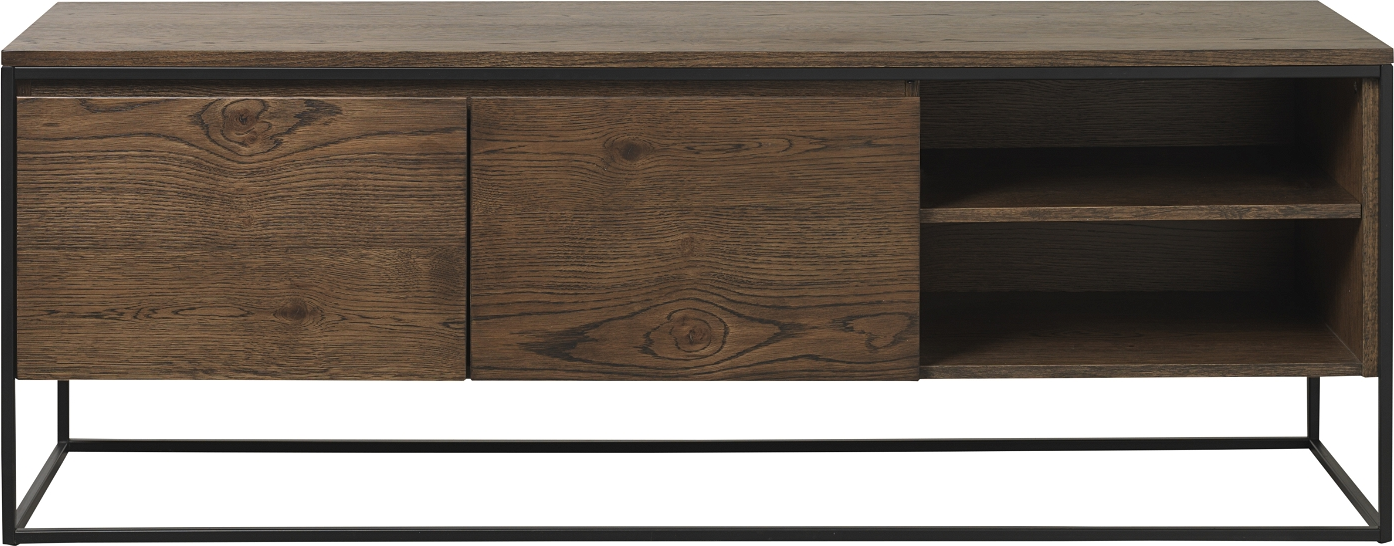 TV-bord Nordique Design Rivoli i røget egetræ og sort metalramme 155Ã42Ã55 cm med to låger og hylder