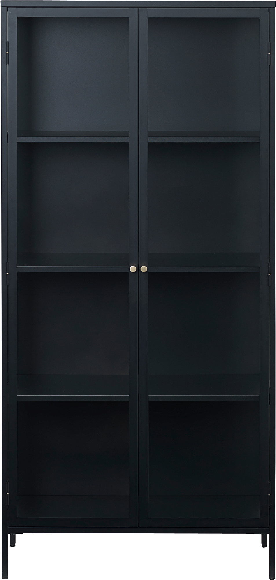 Vitrineskab Nordique Design Carmel i sort koldvalset stål med hærdet glas, gyldne håndtag og justerbare hylder H190xB40xD90 cm