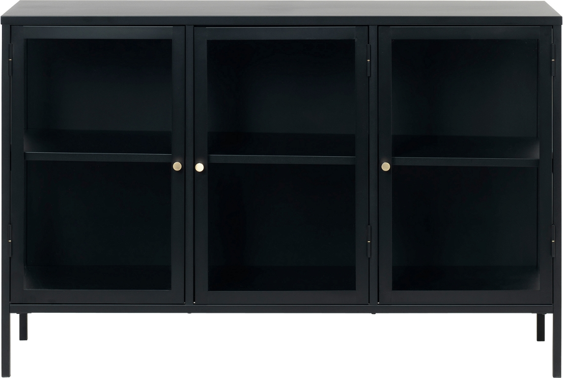 Nordique Design Carmel 3-dørs skænk, sort metal og hærnet glas med gyldne håndtag, H85ÃB132 cm
