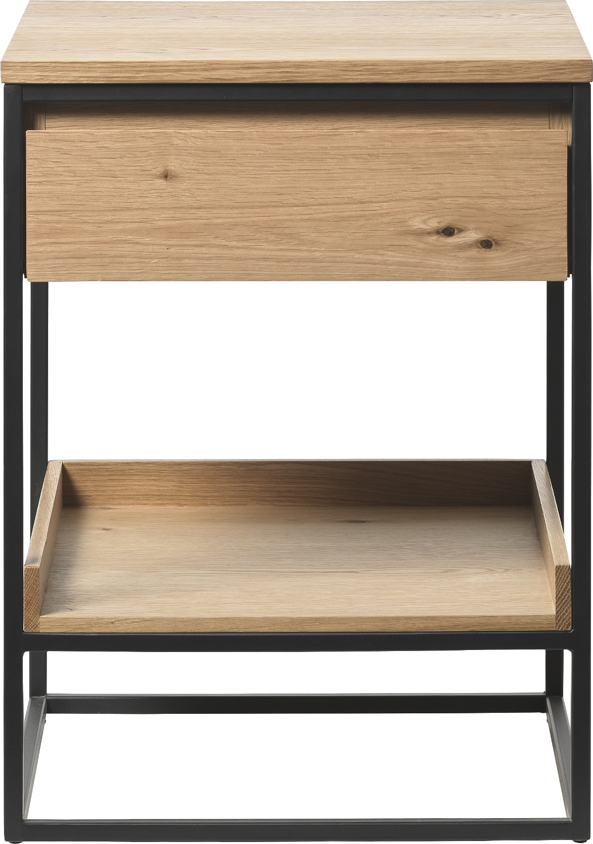 Sidebord Nordique Design Rivoli til stuen H60xØ45 cm natur egetræ/sort metal med skuffe og hylde