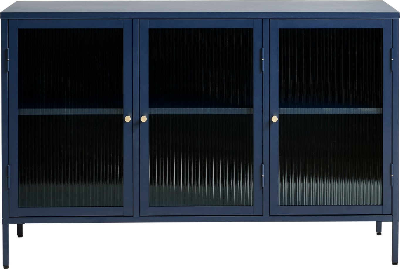 Skænk Nordique Design Bronco H85x132x40 cm stålblå med rillet glas og gyldne håndtag