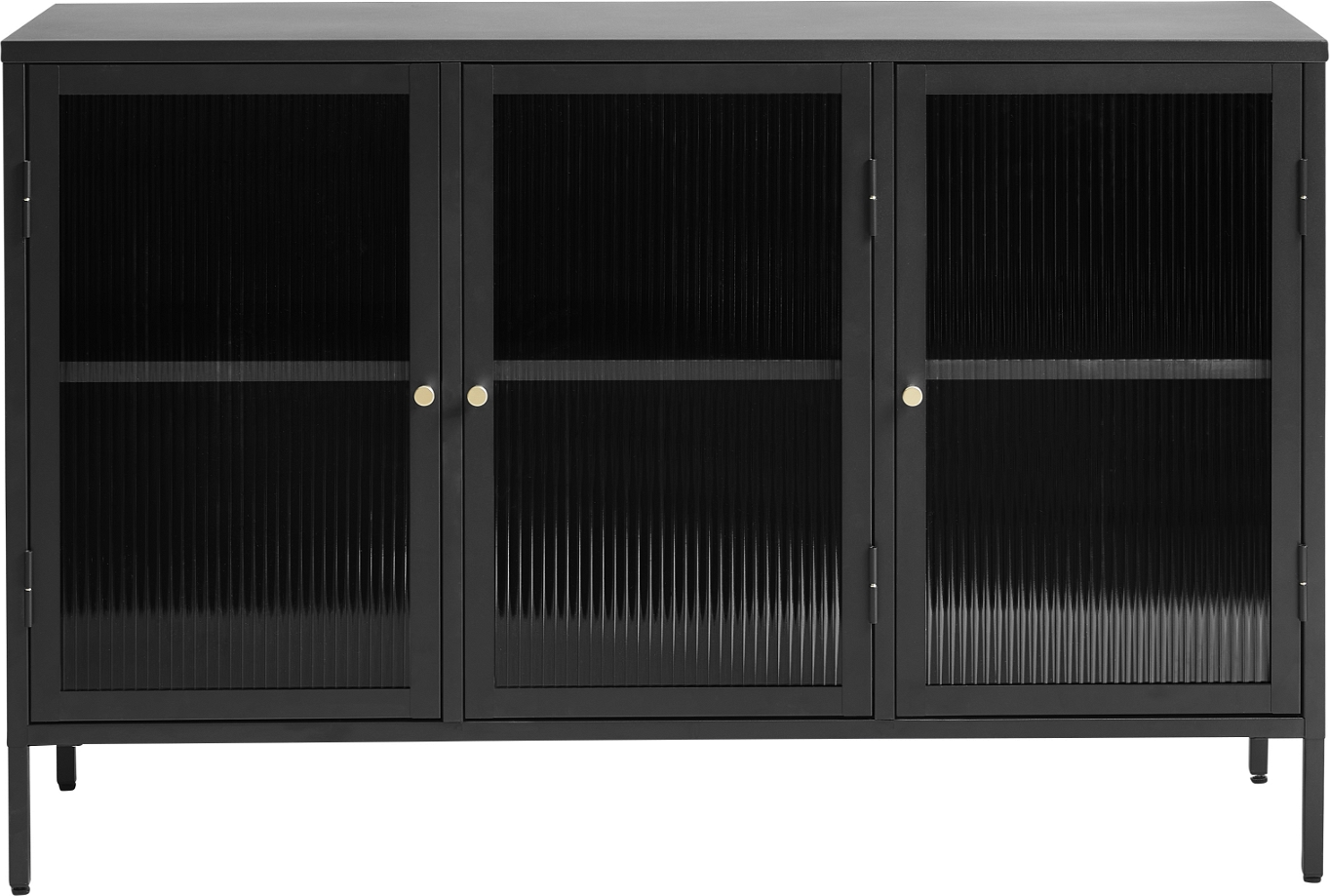 Skænk Nordique Design Bronco sort stål med rillede glasdøre og guldfarvede håndtag H85xB132 cm