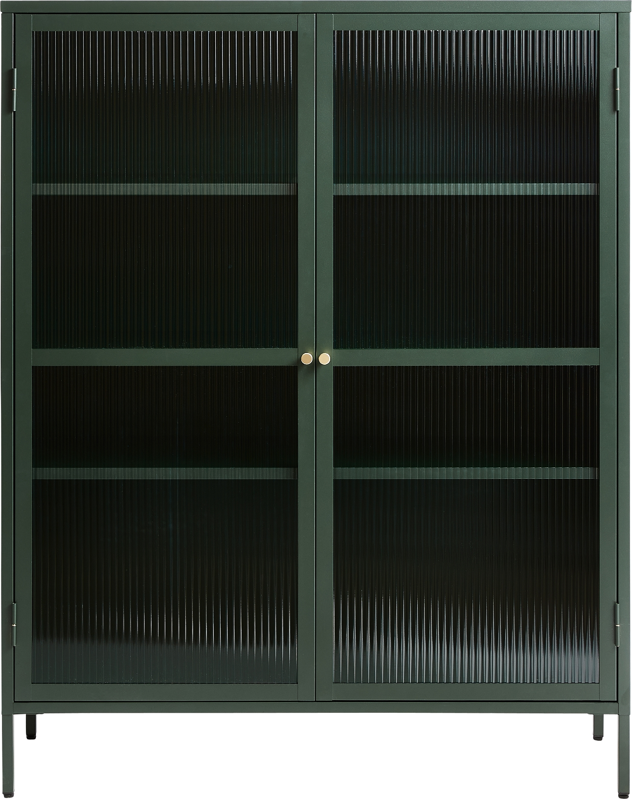 Vitrineskab Unique Furniture Bronco H140ÃB111ÃD40 cm grøn stål og rillet glas med guldfarvede håndtag