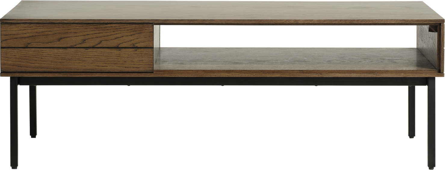 Sofabord Nordique Design Modica, røgede egetræ & sorte metalben, push-open skuffer, 120Ã62 cm