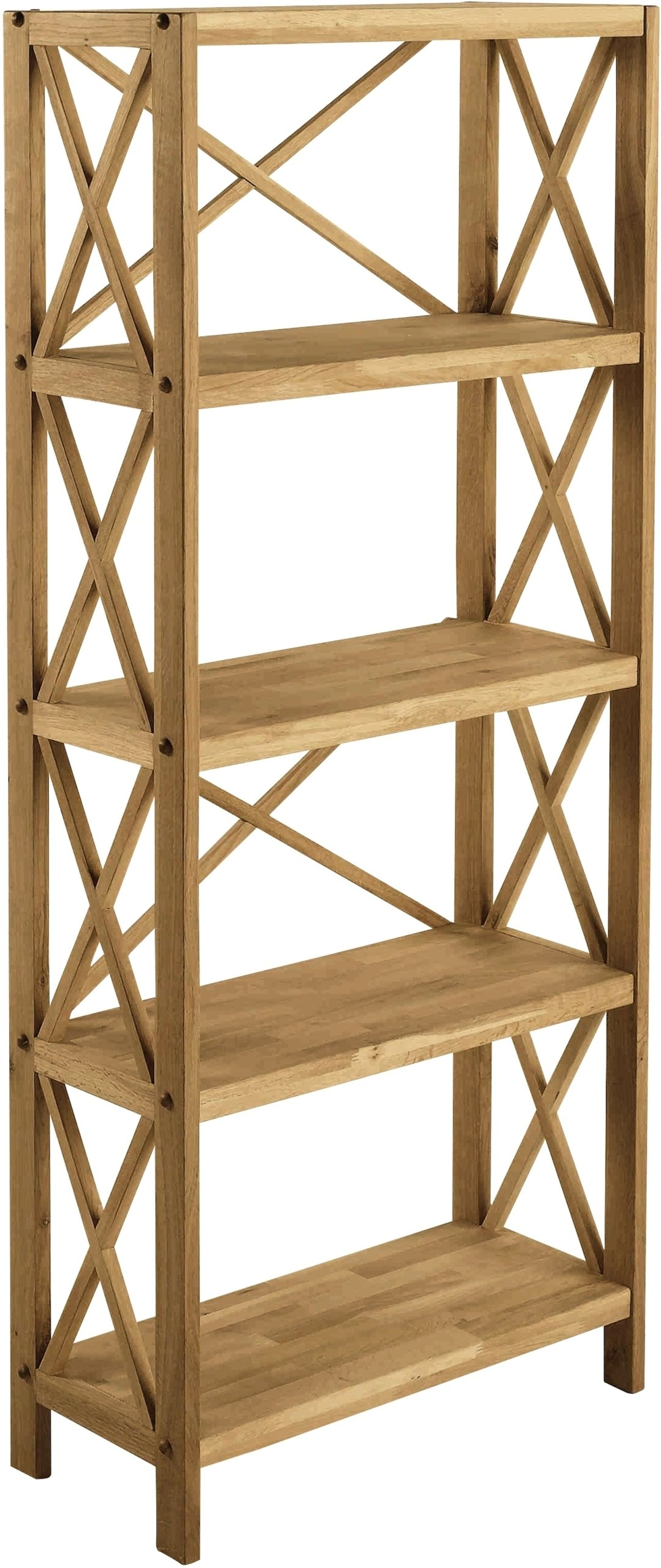 Opbevaringsreol Nordique Design X-shelfs i massivt egetræ med naturlig oliefinish, 5 hylder, H161xB70xD30 cm