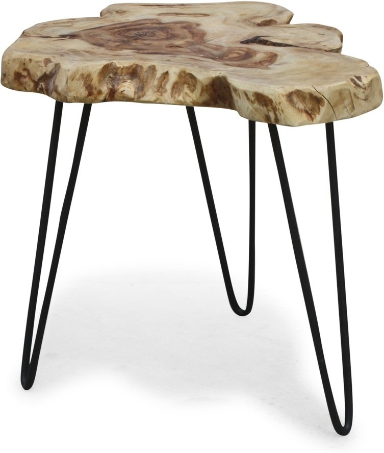 Sidebord OBUZI BlackSea Edge naturtræ Ø50 x H45 cm  -  rustikt småbord i rosentræ med jernben