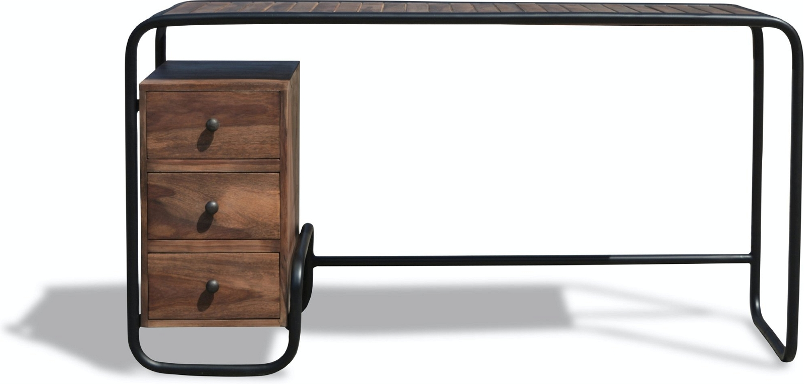 Skrivebord OBUZI Christiania Dark  -  arbejdsbord i rosentræ med jernramme, 3 skuffer, 140x45x74 cm, mørk natur/sort