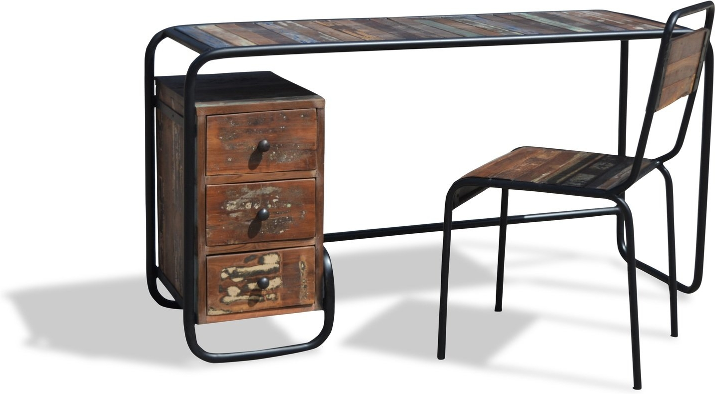 Skrivebord OBUZI Christiania Hip  -  rustikt genbrugstræ & jernramme, tre skuffer, H74ÃB140ÃD45 cm, multifarvet bæredygtigt design