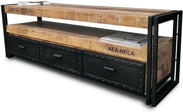 TV-bord tv-møbel OBUZI Christiania Lite Industrial 150 cm mangotræs/natur-sort