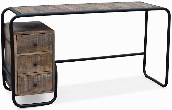 Skrivebord OBUZI Christiania Raw  -  nordisk kontormøbel i mørkt mangotræ & sort jernramme, 140x45x74 cm