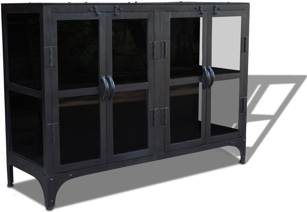 Skænk OBUZI Factoria i industrielt metal med glasdøre, sort, 120Ã40Ã85 cm