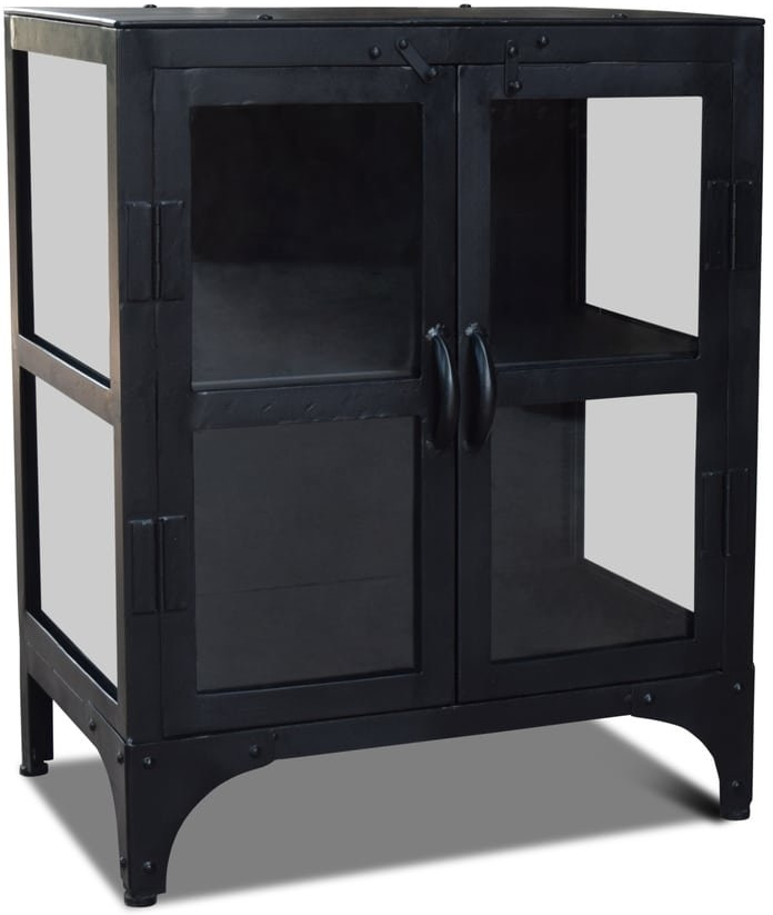 Kommode OBUZI Factoria med glaslåger  -  sort jern og klart glas, industrielt design H75xB60xD40 cm