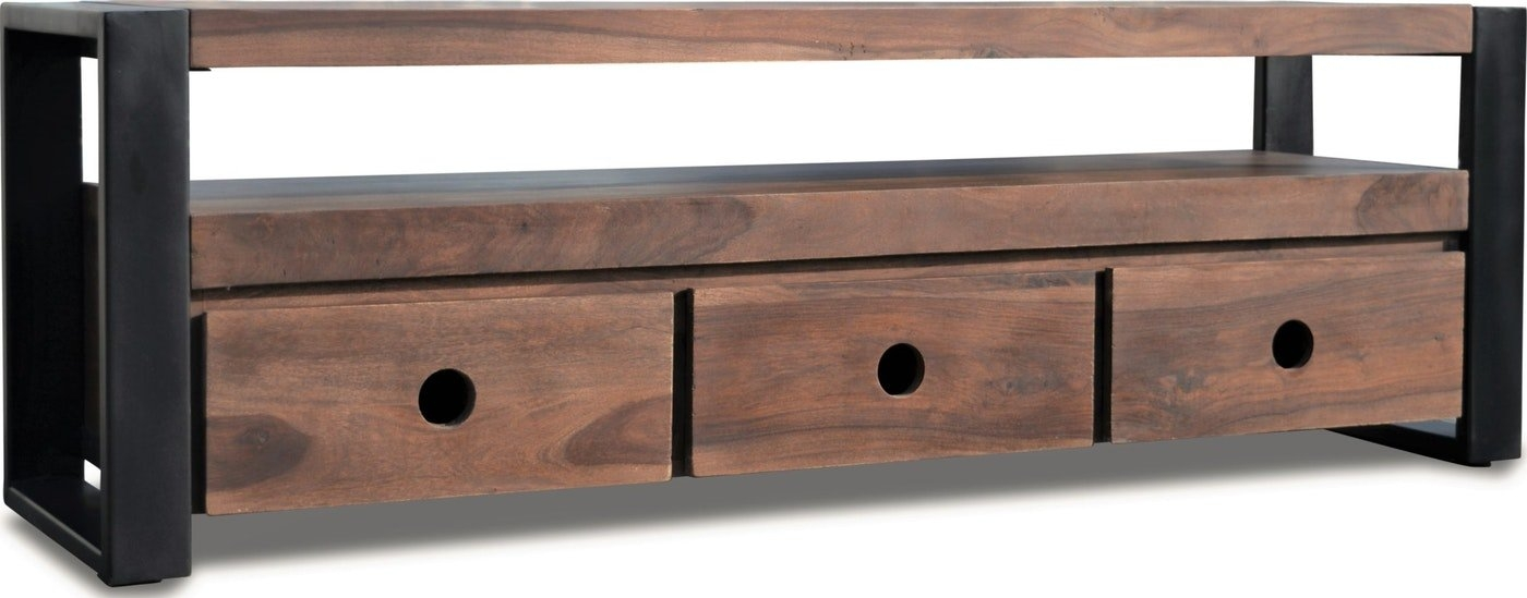 TV-bord OBUZI HayFay i massivt rosentræ & jernstel, 175x40x50 cm, mørk natur/sort