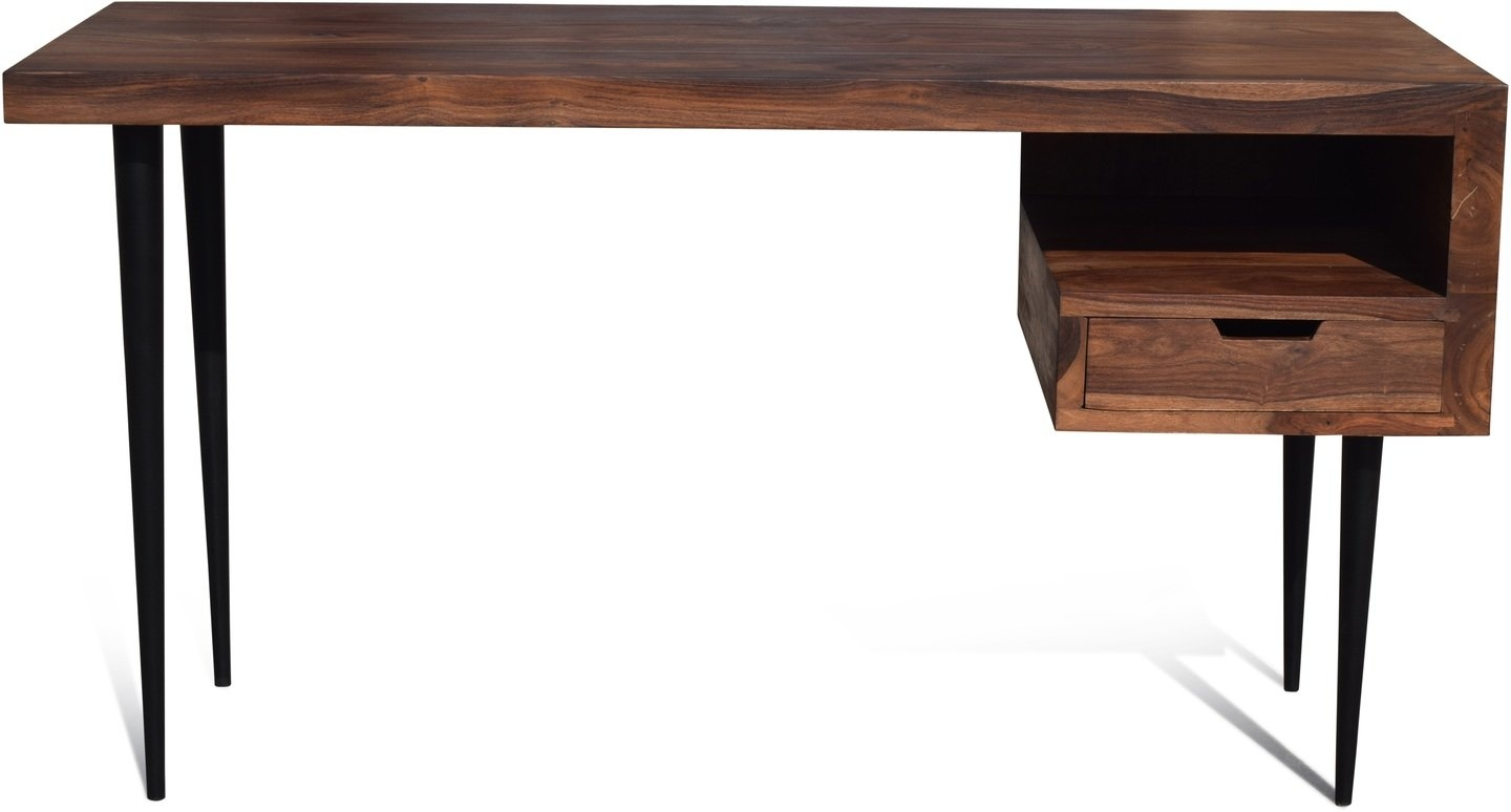Skrivebord OBUZI HayFay Retro i massivt rosentræ med hylde & skuffe  -  140x50 cm, mørk natur/sort stel
