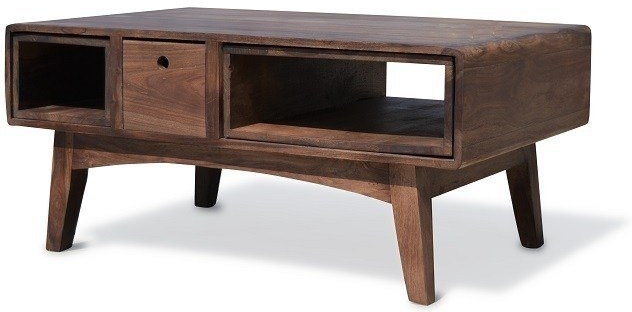 Sofabord OBUZI Stuka  -  massivt rosentræ mørk naturfinish med todelt jernunderstel, skuffe & hylder, 100 x 60 cm, retro stil