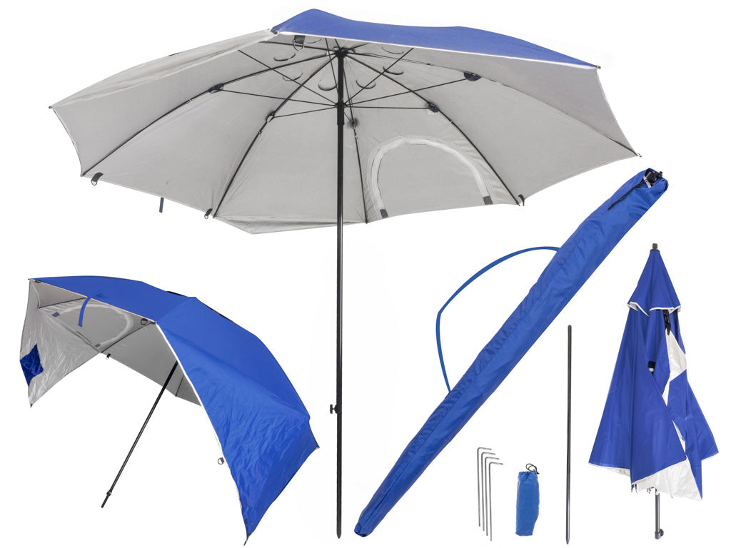 Stort, foldbart havetelt med strandparasol