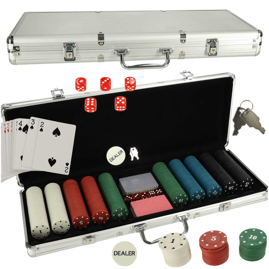 Pokerspilsæt i etui med 500 chips og 2 sæt kort.