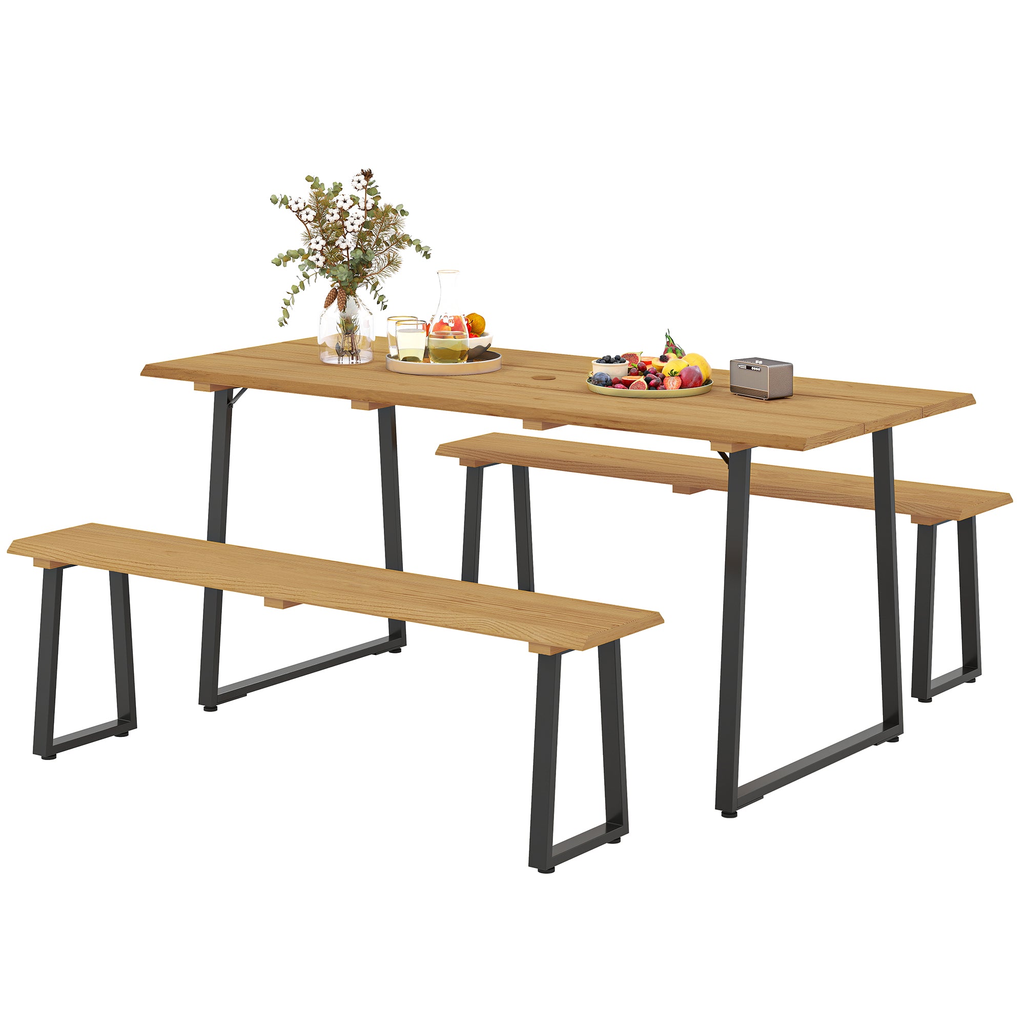 3-Delt træspisesæt til 6 personer, spisebord med 2 bænke, parasolhul, træbord, 178 x 76 x 77 cm, naturtræ