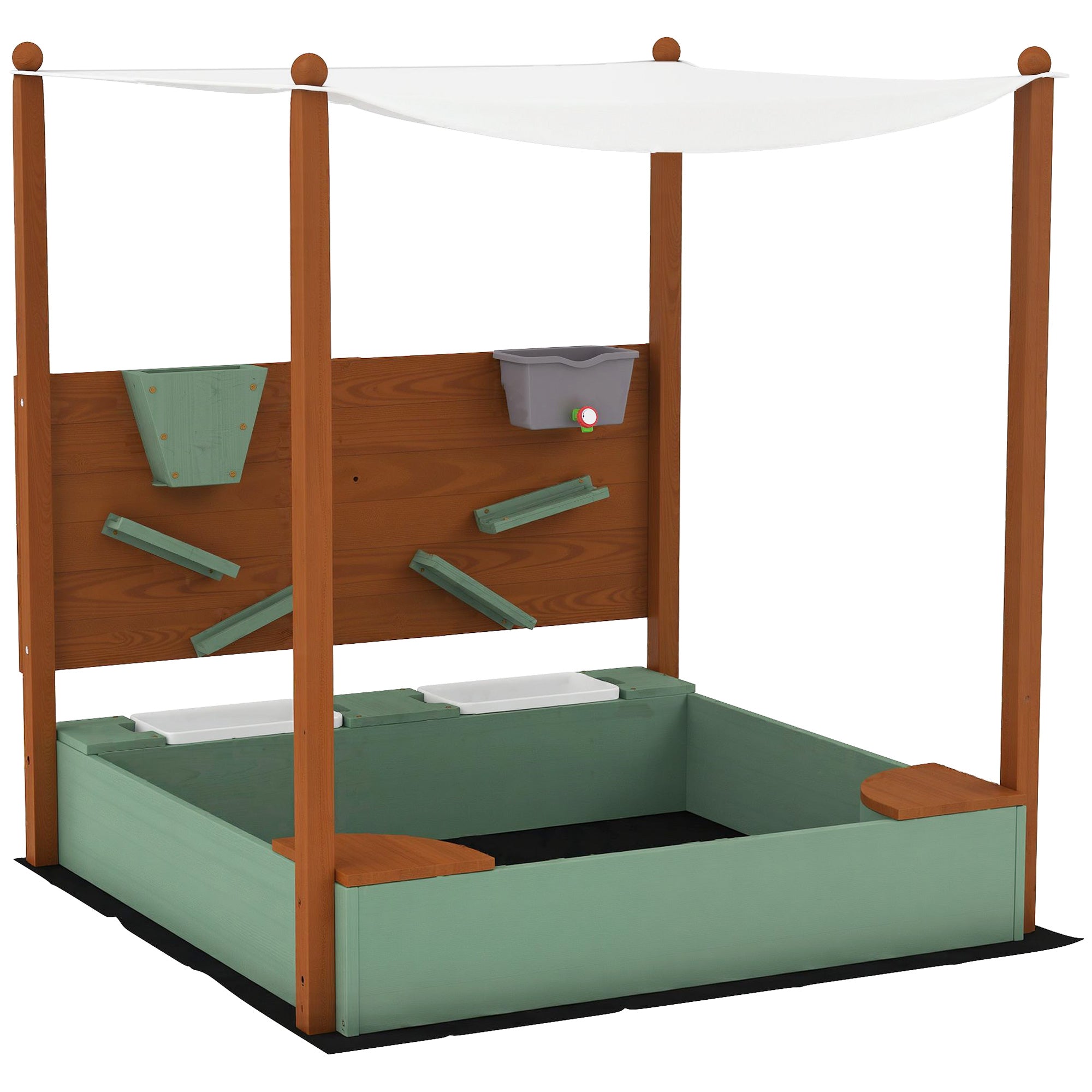 Sandkasse med soltag til børn, 2 opbevaringsbeholdere, 116l x 112,5b x 128h cm, grantræ, plastik, grøn