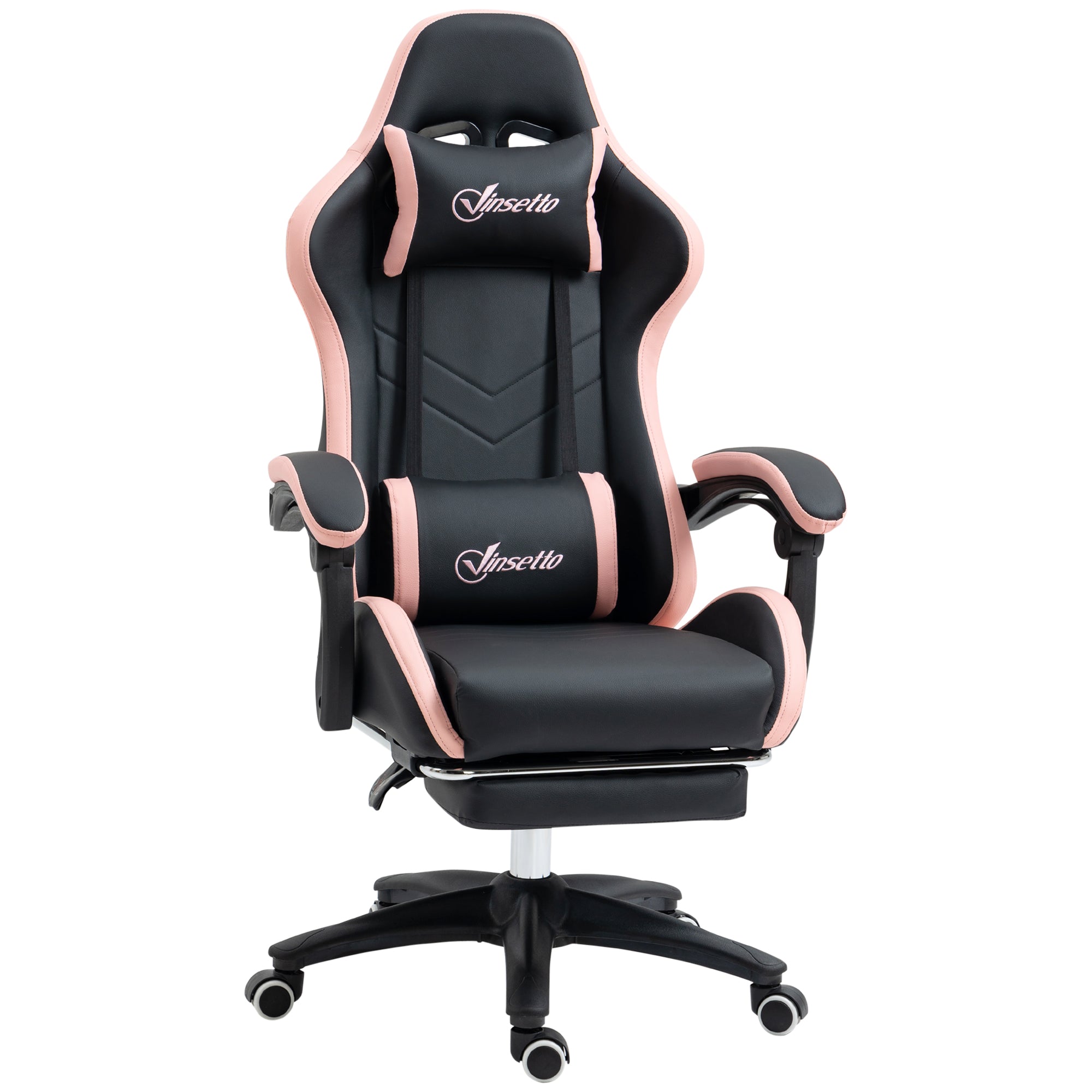 Kontorstol, gamingstol, 1 nakkestøtte, 1 lændestøtte, pink + sort