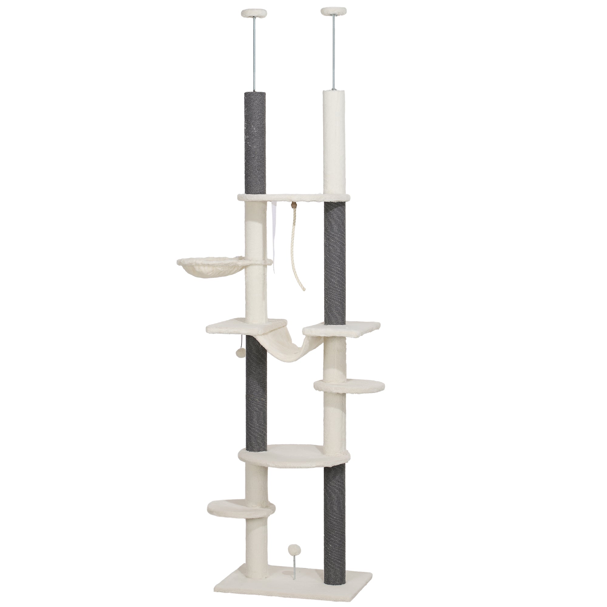 Kradsetræ, lofthøjde, justerbar 225-255 cm, platforme og hængekøjer, anti-tippe, hvid