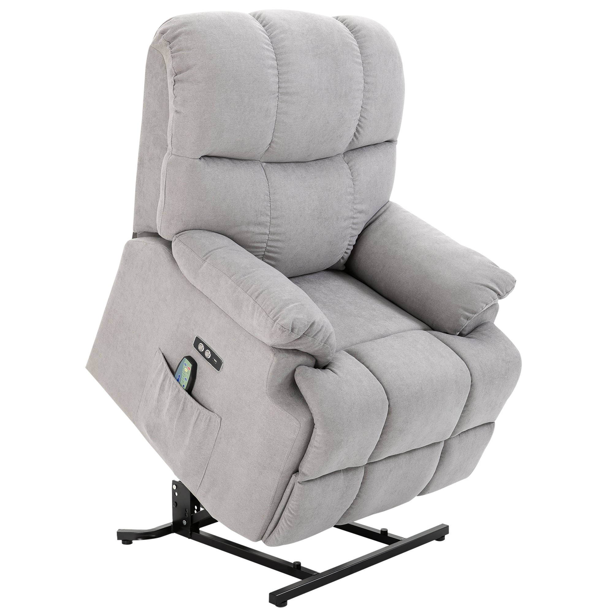 Lænestol med ståstøtte, massagestol, afslappende stol med usb-port, tv-stol med fjernbetjening, sidelomme, lænestol med fløjlslook, grå