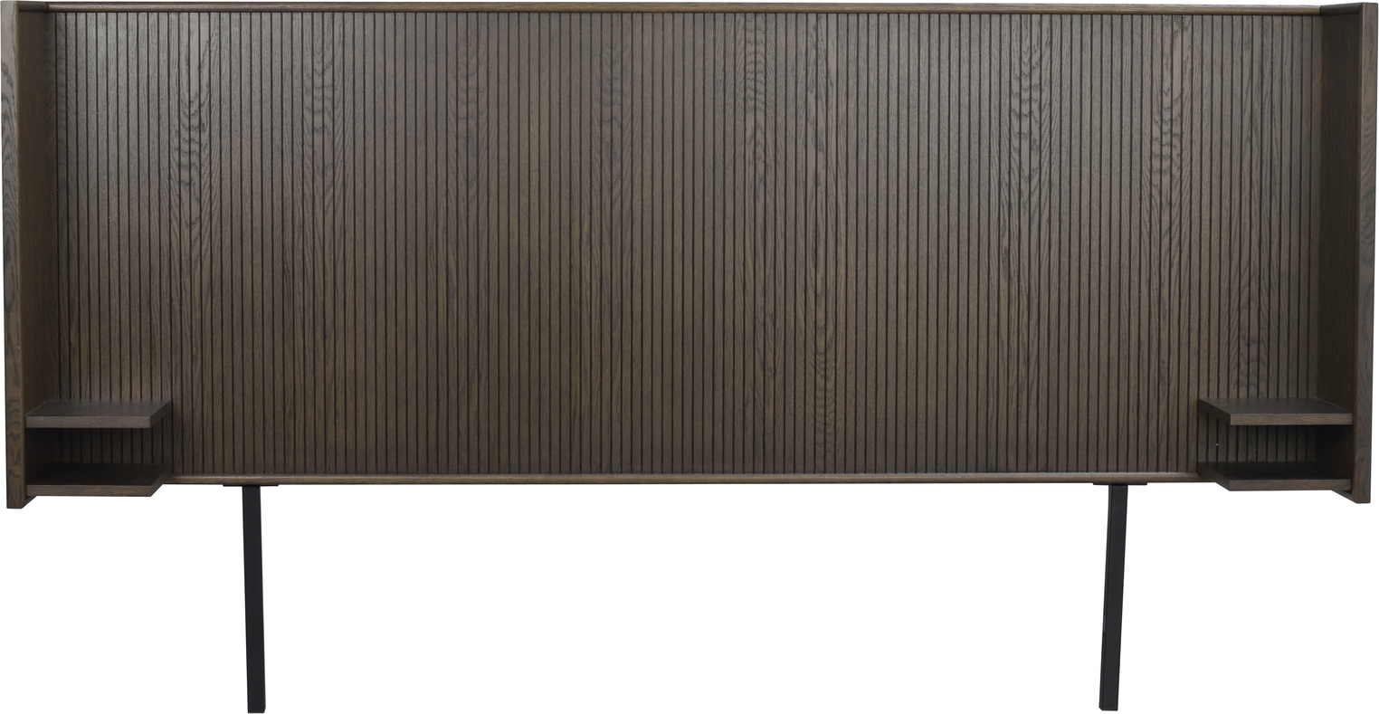Sengegavl Rowico Redmond i lakeret MDF med egetræsfinér og massivt egetræ, brun 234x32 cm justerbar højde 126 - 150 cm med fire hylder