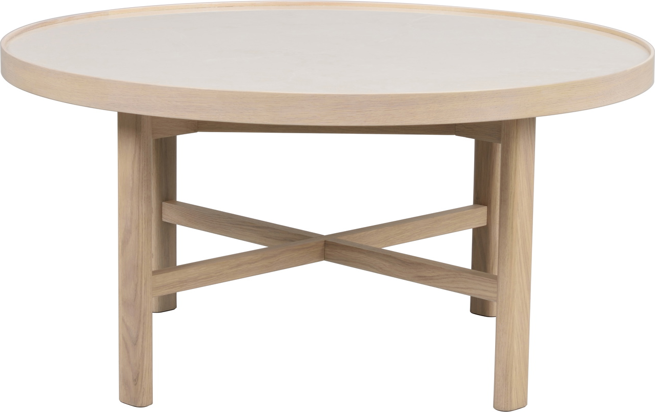 Rundt sofabord og kaffebord Rowico Marsden i beige keramisk sten & hvidvasket egetræ Ø90 x H45 cm
