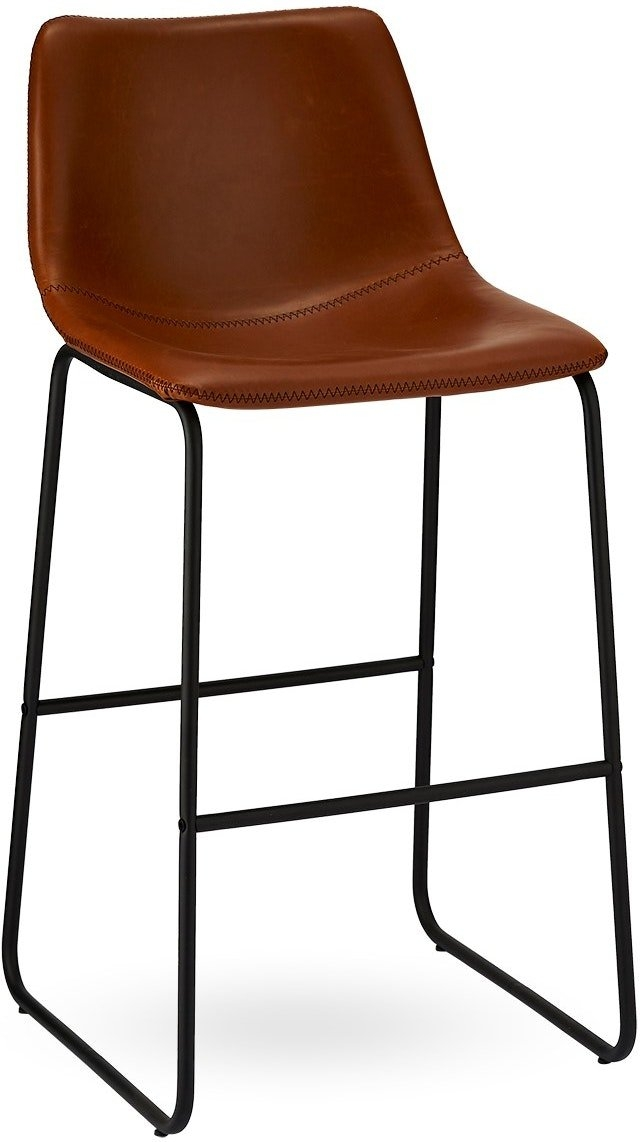 Barstol Kelso fra Raymond & Hallmark i brun PU-læder med sorte metalben, 97 x 46 x 54 cm