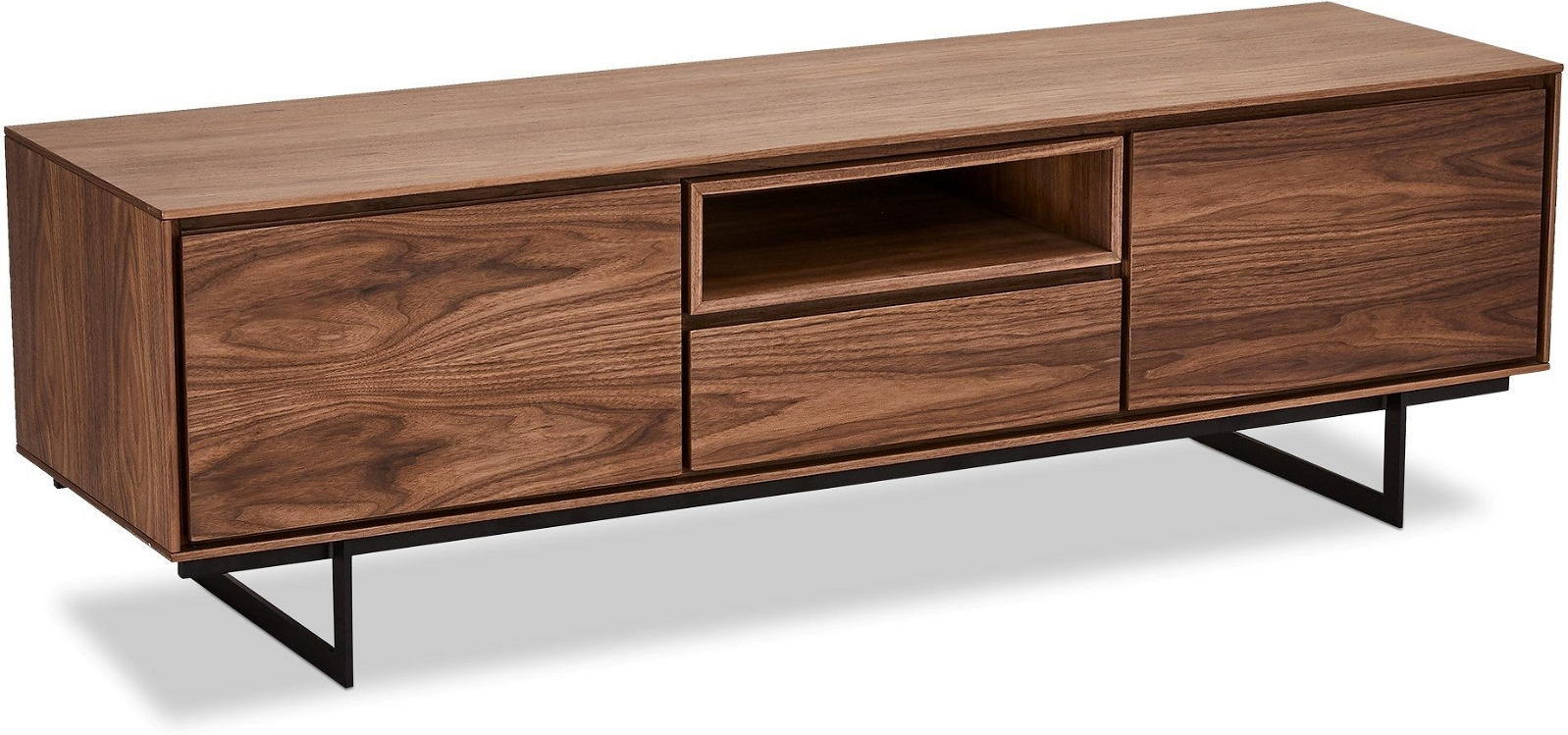 TV-bord Raymond & Hallmark Wansford i valnød med sort metalstel, 160Ã50 cm, åben hylde & skuffe