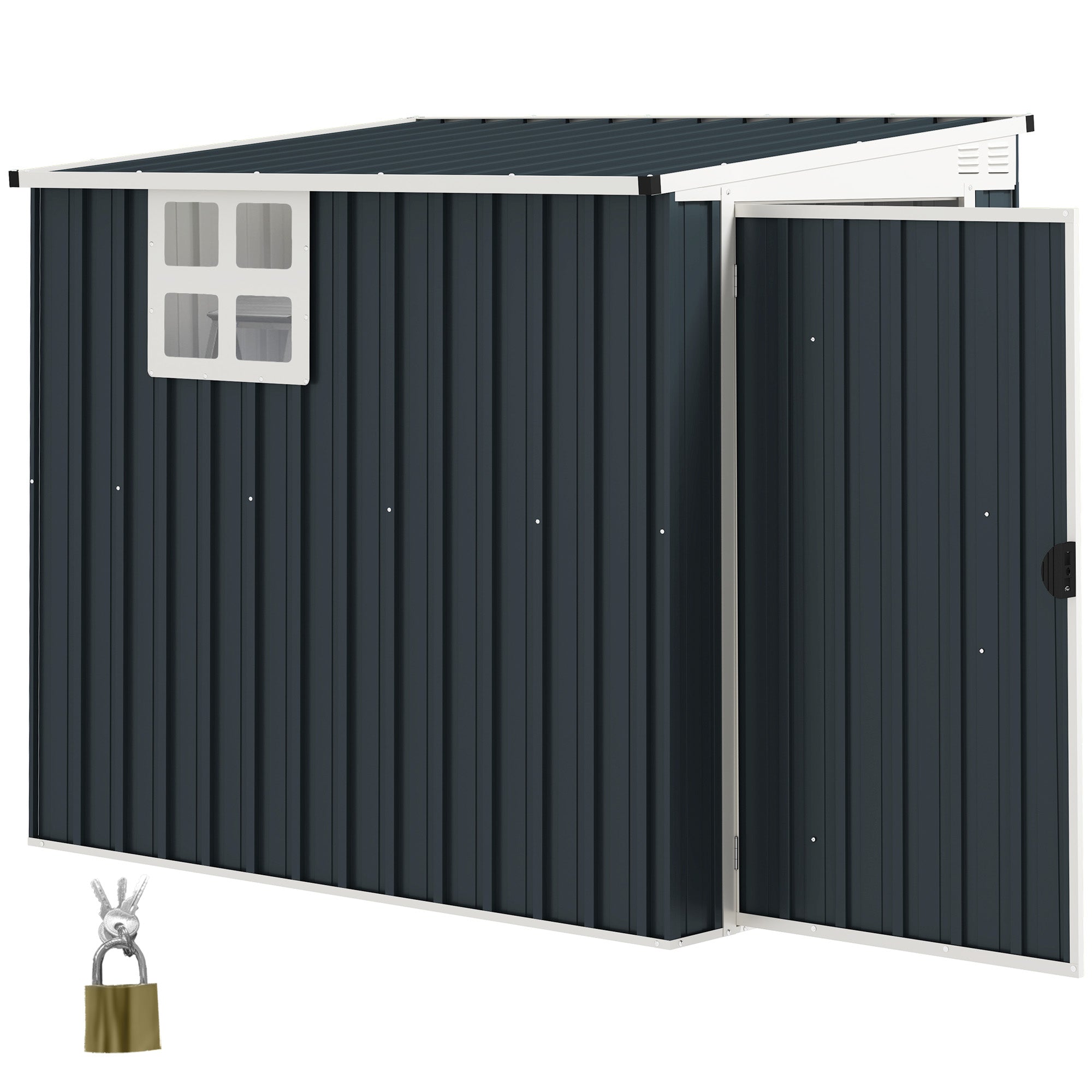 Haveskur, redskabsskur til haveredskaber, vinduer, ventilationsåbninger, aflåselig, stål, mørkegrå