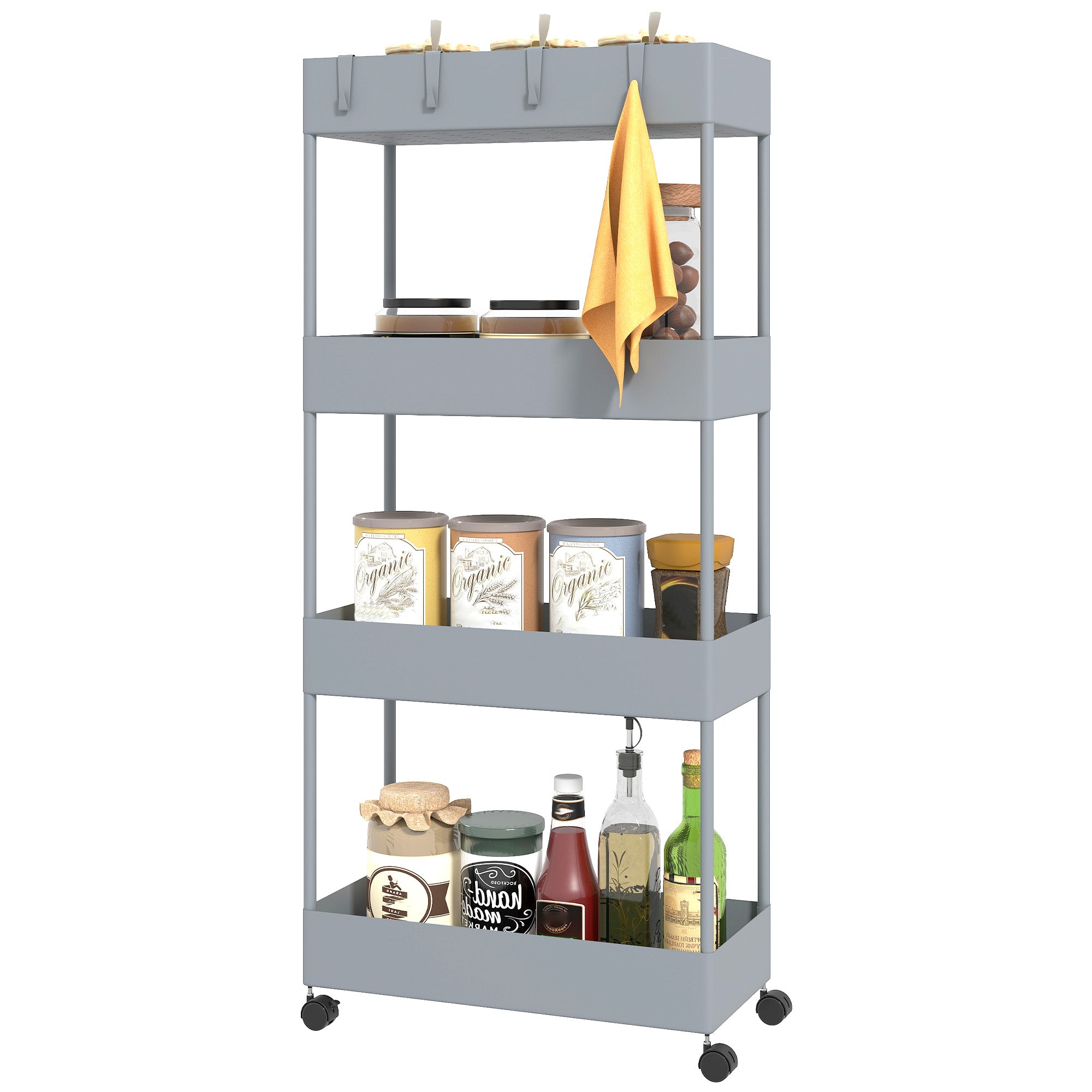 Køkkenvogn med 4 hylder, 4 fleksible kroge, 4 hjul, 40 cm x 19 cm x 90 cm, nichevogn, grå