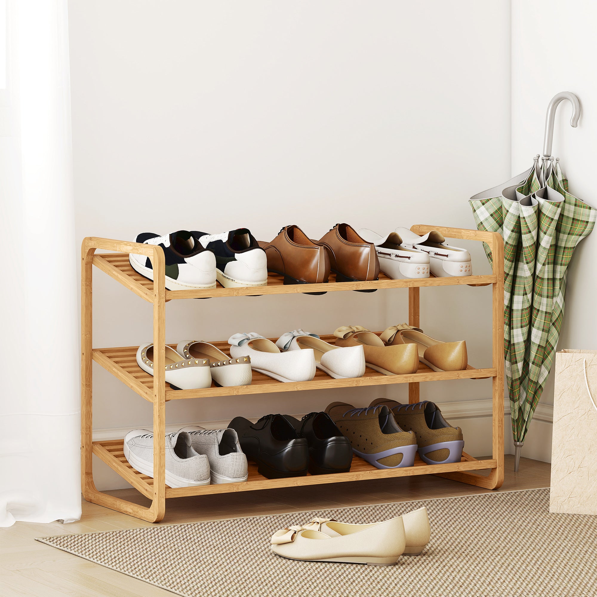 Skoreol i bambus med 3 hylder, 76B x 33D x 50,8H cm, naturfarvet