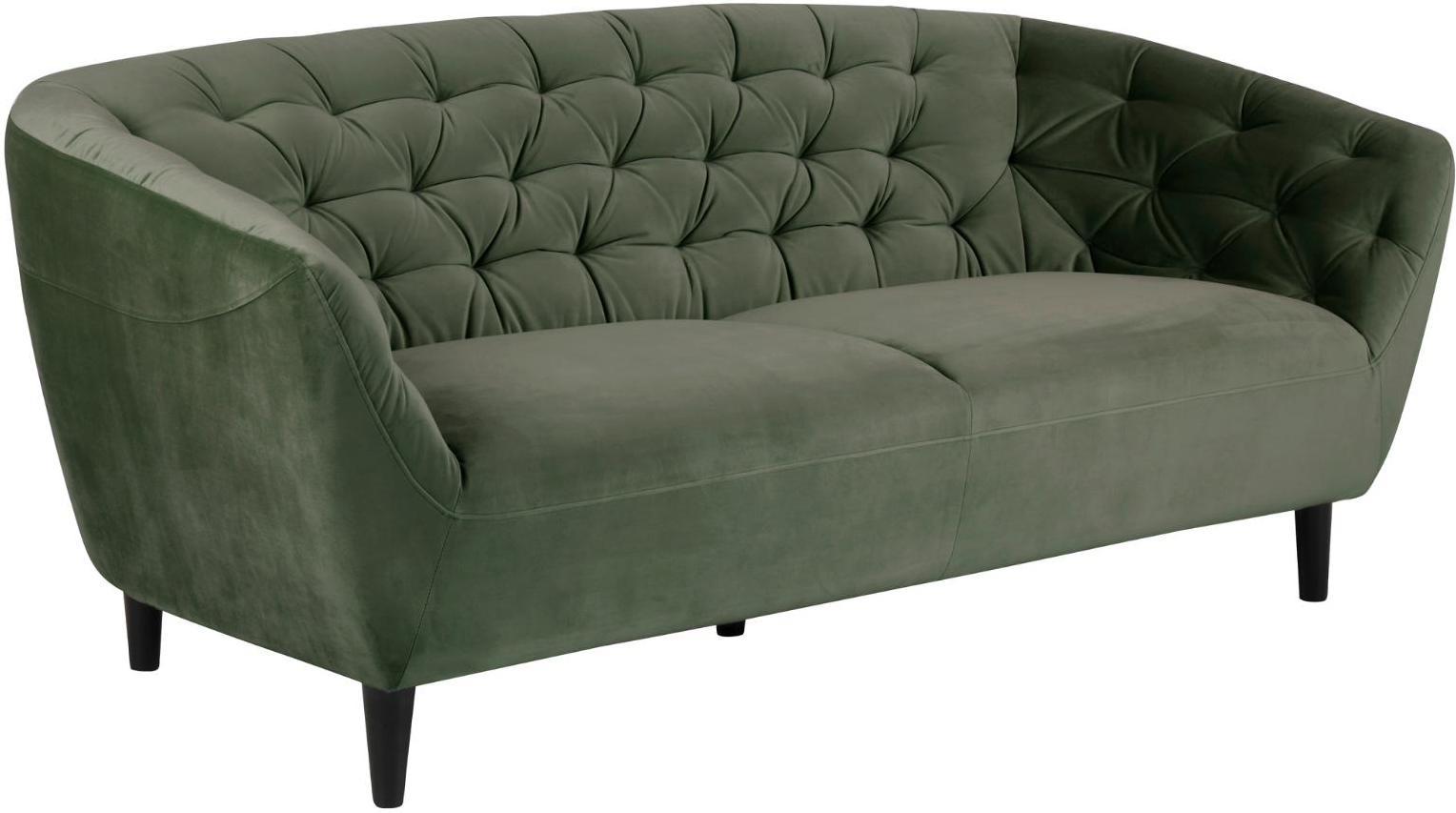 3-personers sofa Signature Vella, skovgrøn Vic-stof, buet ryg med knudedetaljer, sorte gummitræsben 15 cm