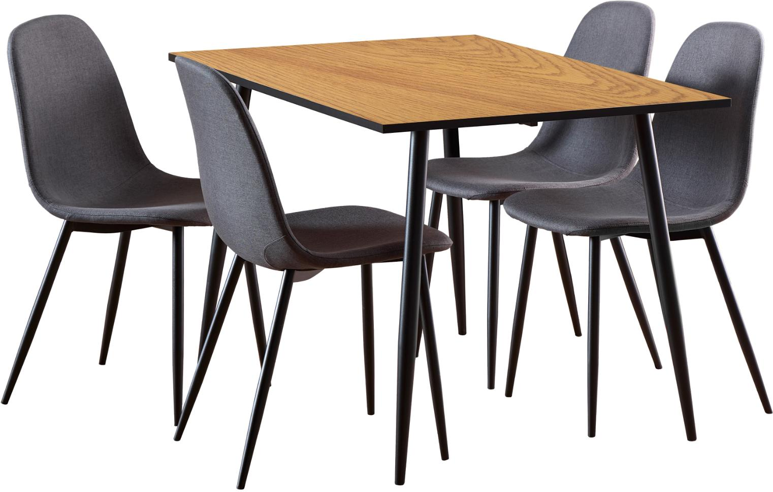 Spisebordssæt Signature Malva rektangulært bord  4 stole, vild eg melamin bordplade, mørkegrå Nesia stof, mat sort stel