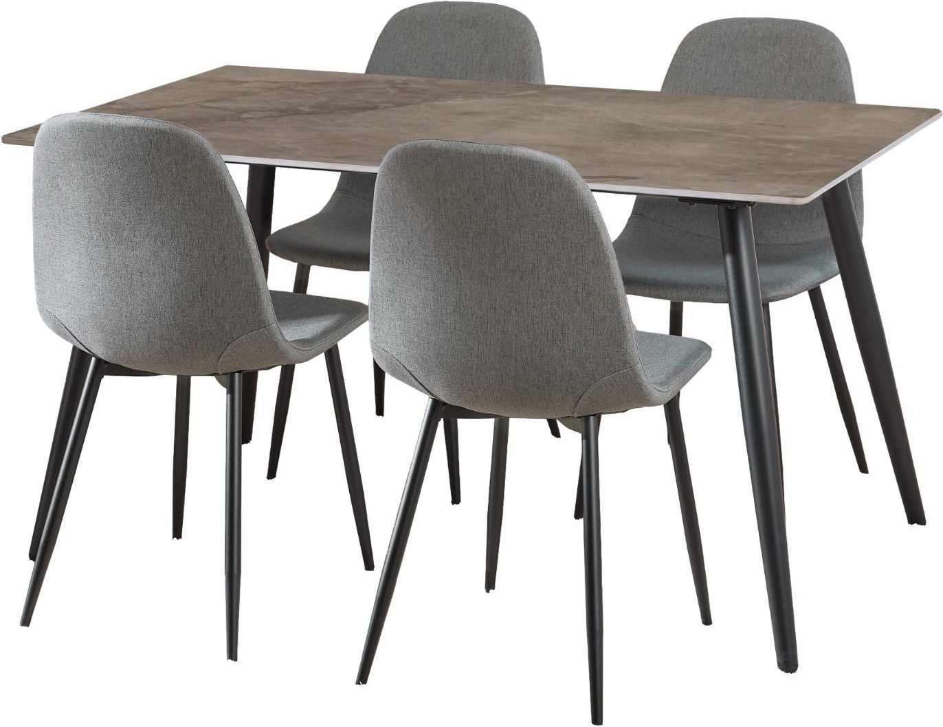Spisebordssæt Signature Vardo rektangulært 140Ã80 cm, poleret grå keramikbordplade, 4 mørkegrå Nesia-stofstole, mat sort stel