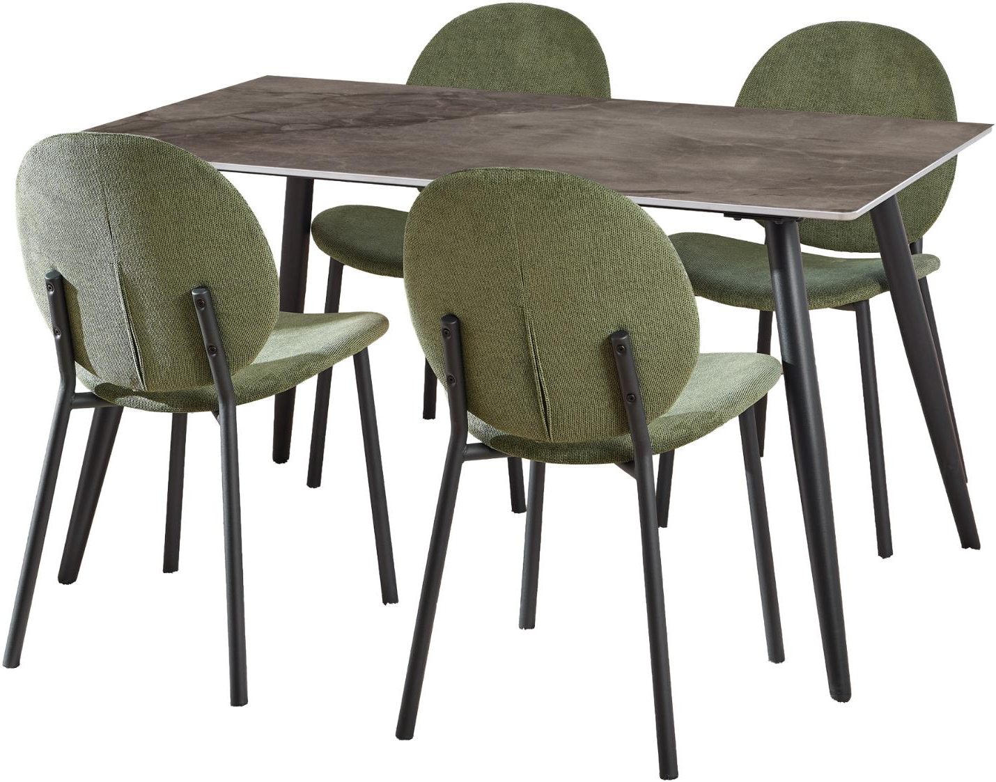 Spisebordssæt Signature Vardo  -  rektangulært bord 140x80 cm  4 polstrede stole, keramikplade grå Batis, skovgrøn Caso stof, mat sort stel