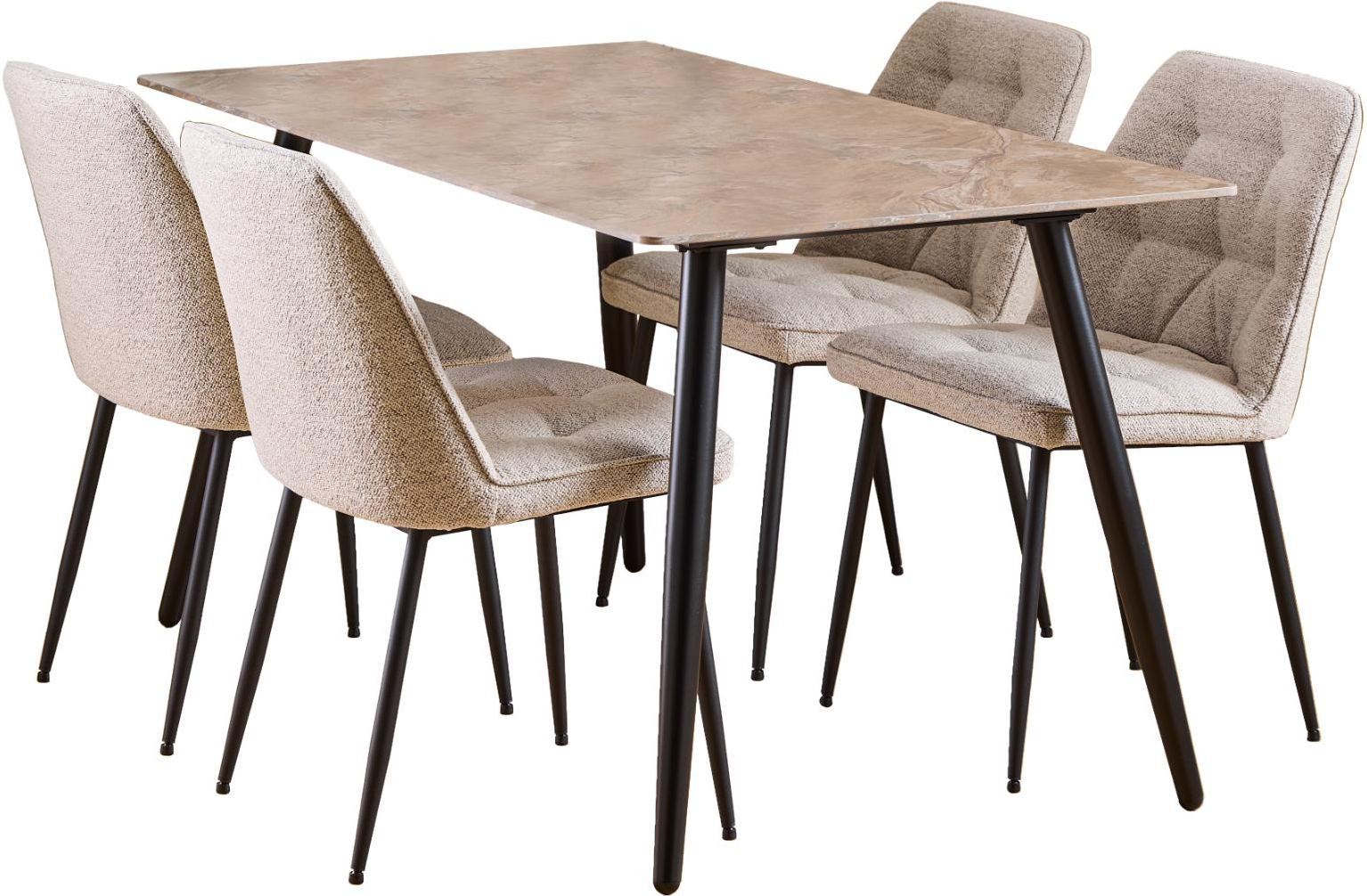 Spisebordssæt Signature Vardo  -  rektangulært bord med Aberta-keramik 140x80 cm  4 beige stofstole, mat sort stel