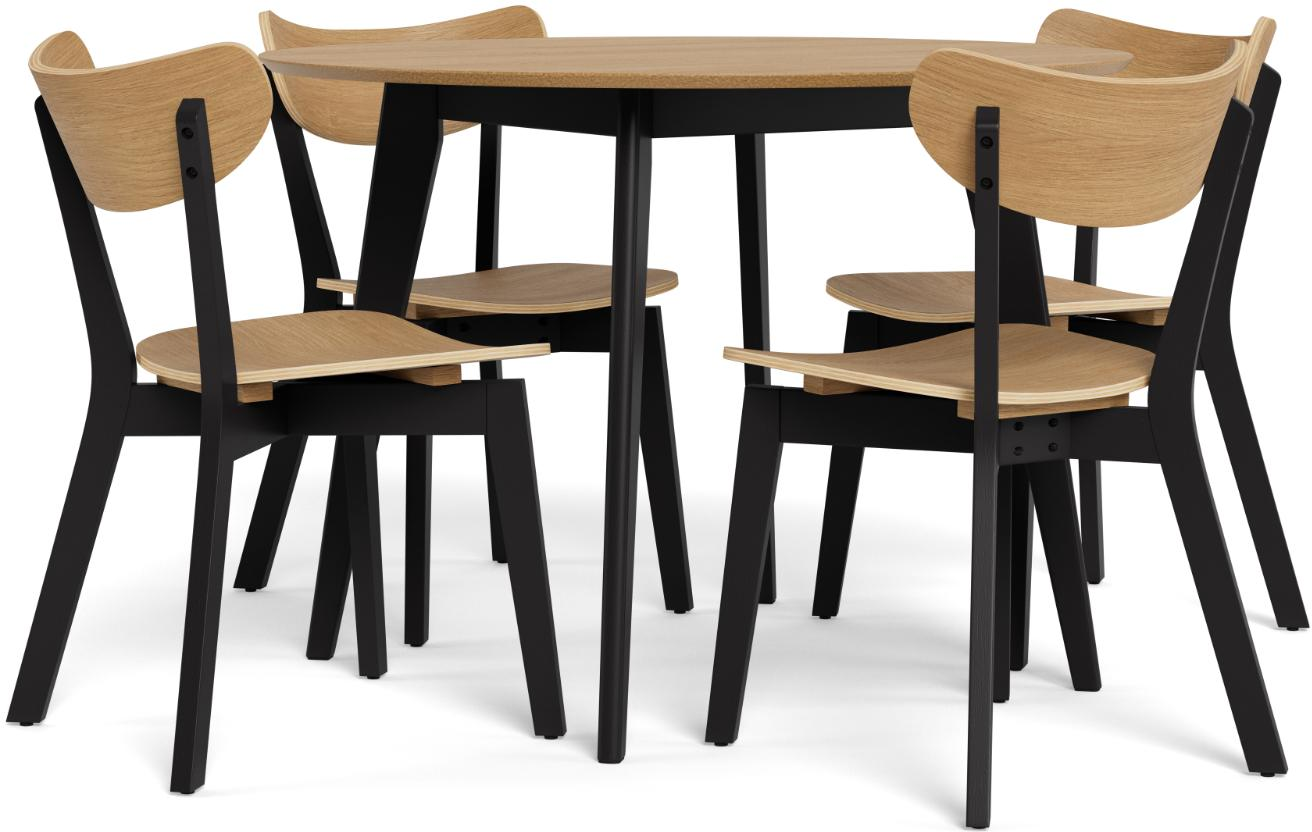 Spisebordssæt Signature Ravlund rundt bord til 4 personer, egefiner/gummitræ, eg/mat sort, nordisk design