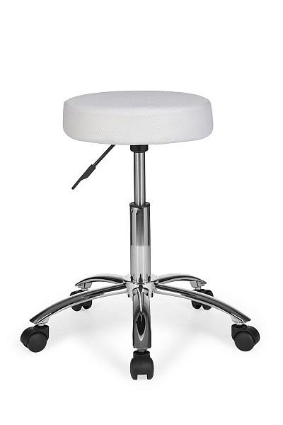 Designer arbejdsskammel / taburet med hjul og stofbetræk, hvid