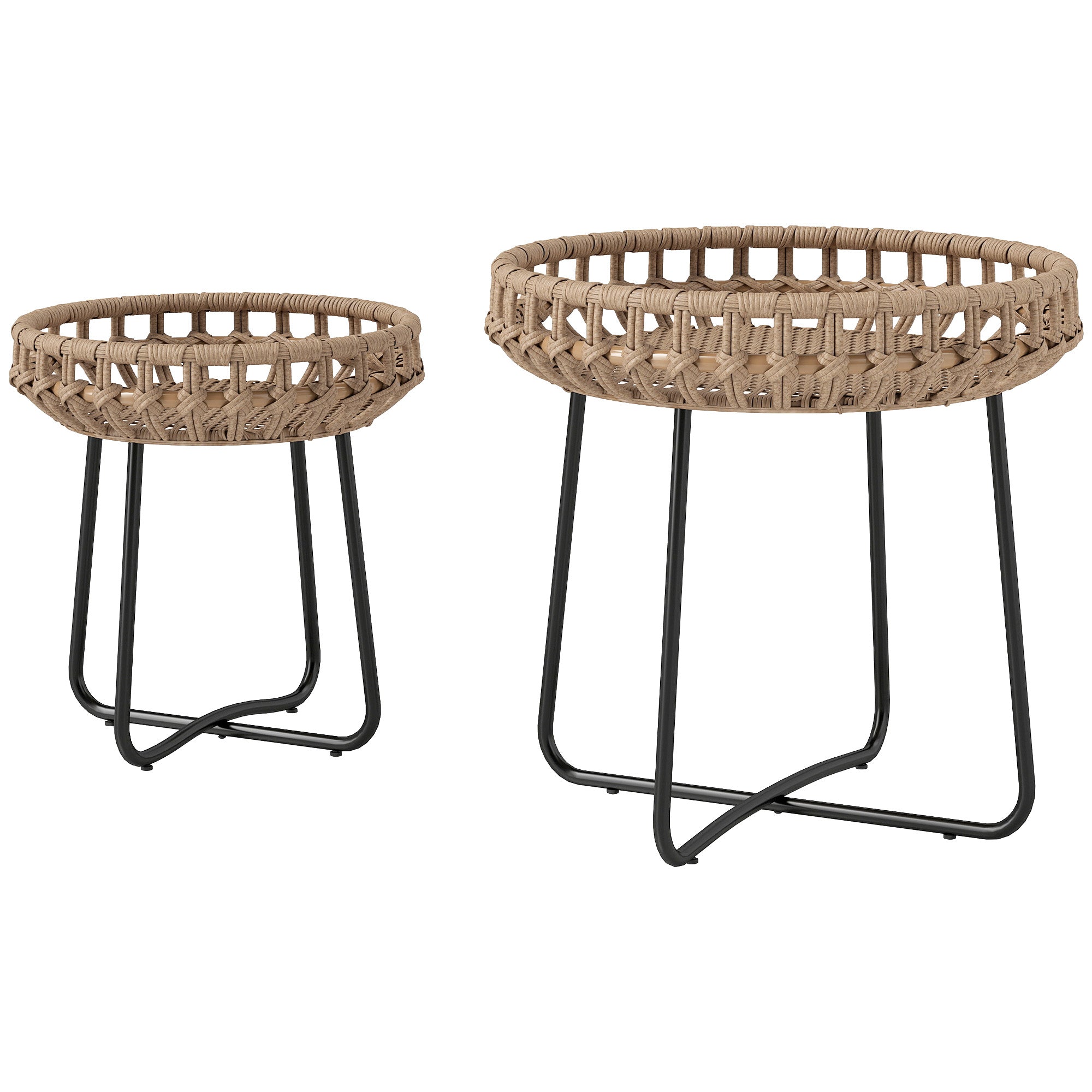 Sæt med 2 sideborde i polyrattan 60/41 cm rundt, vejrbestandigt havebord med x-ben, justerbare fodpuder, brun