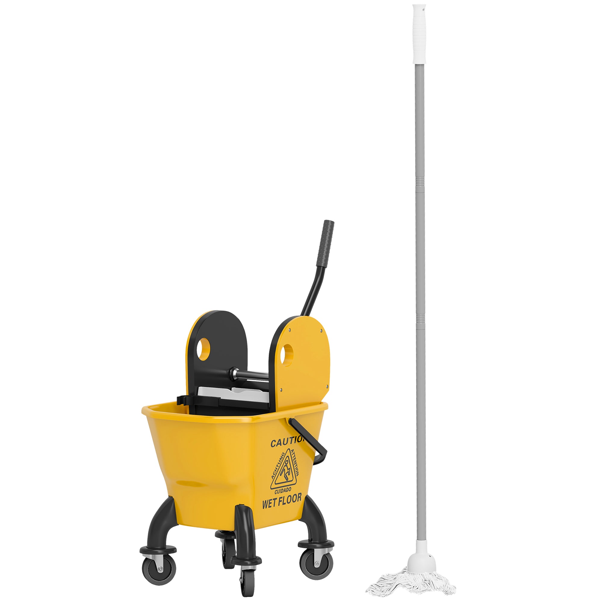 Rullebar moppespand, moppespand med vridemaskine og moppe, 26 liter, gul