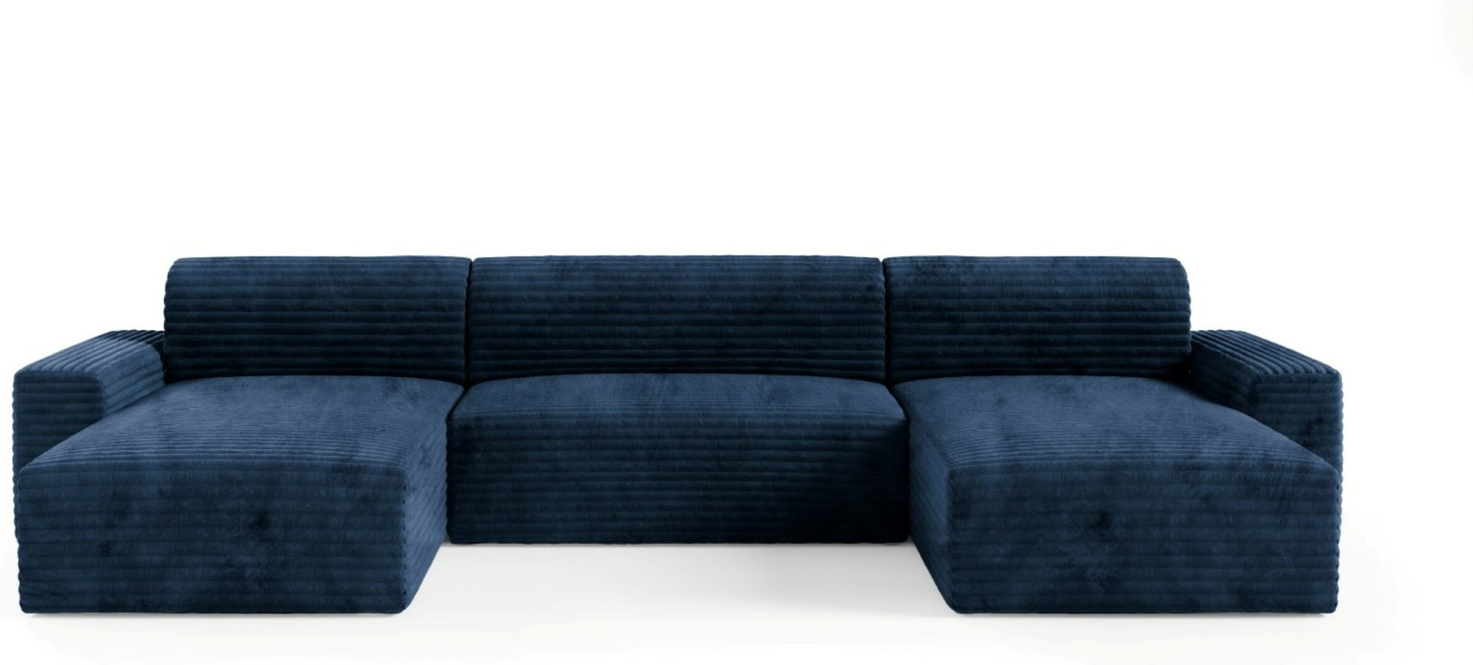 U-sofa Maison Vellé Calira Tilia 77 - ribbet stof, sovefunktion 340x140 cm, opbevaring, 300x185 cm